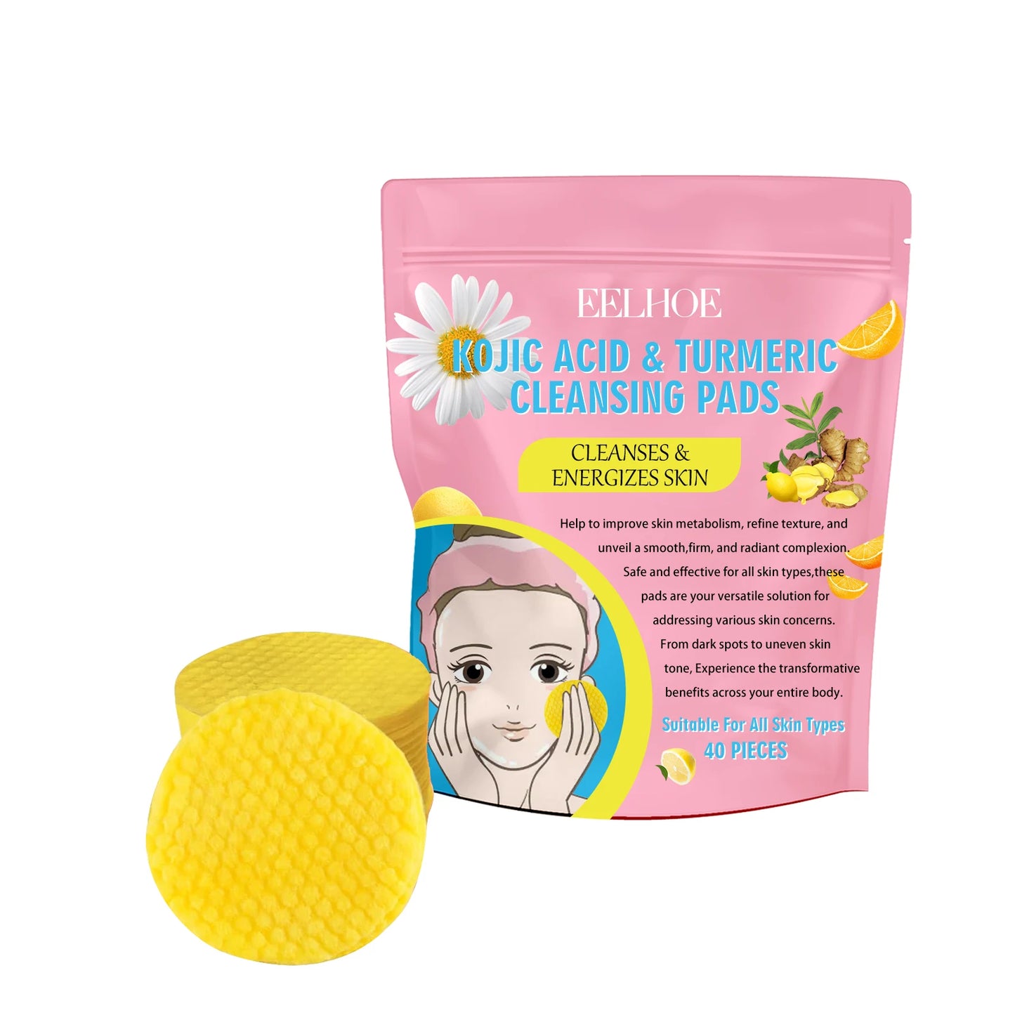 40pcs Turmeric Kojic Acid Cleansing Pads – Gentle Exfoliating Pads for Dark Spots, Brightening & Daily Skin Care