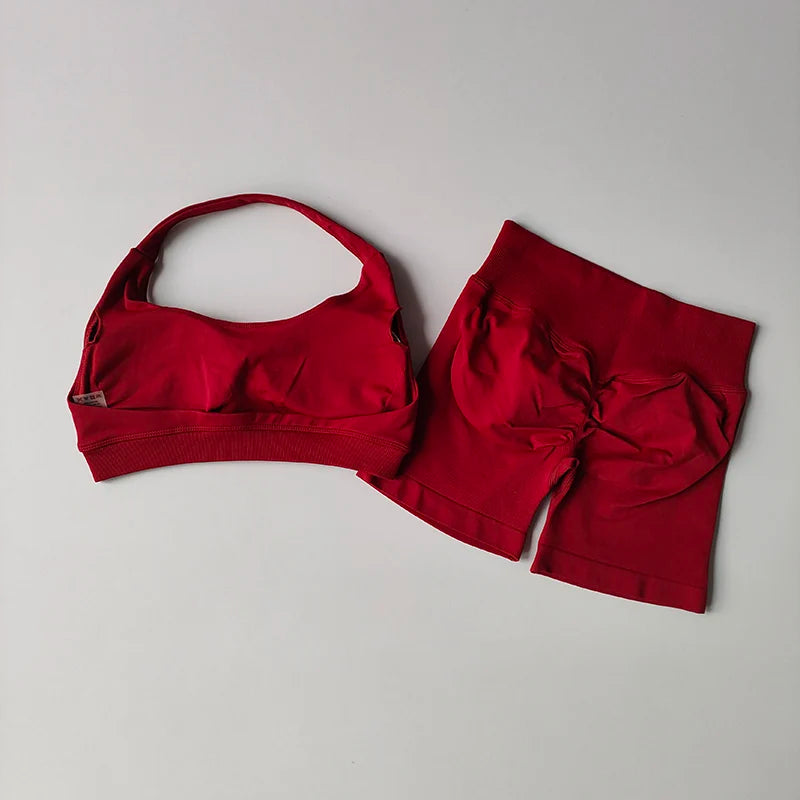 2-Piece Seamless Yoga Outfit for Women – Halter Sports Bra and Matching Shorts Workout Set