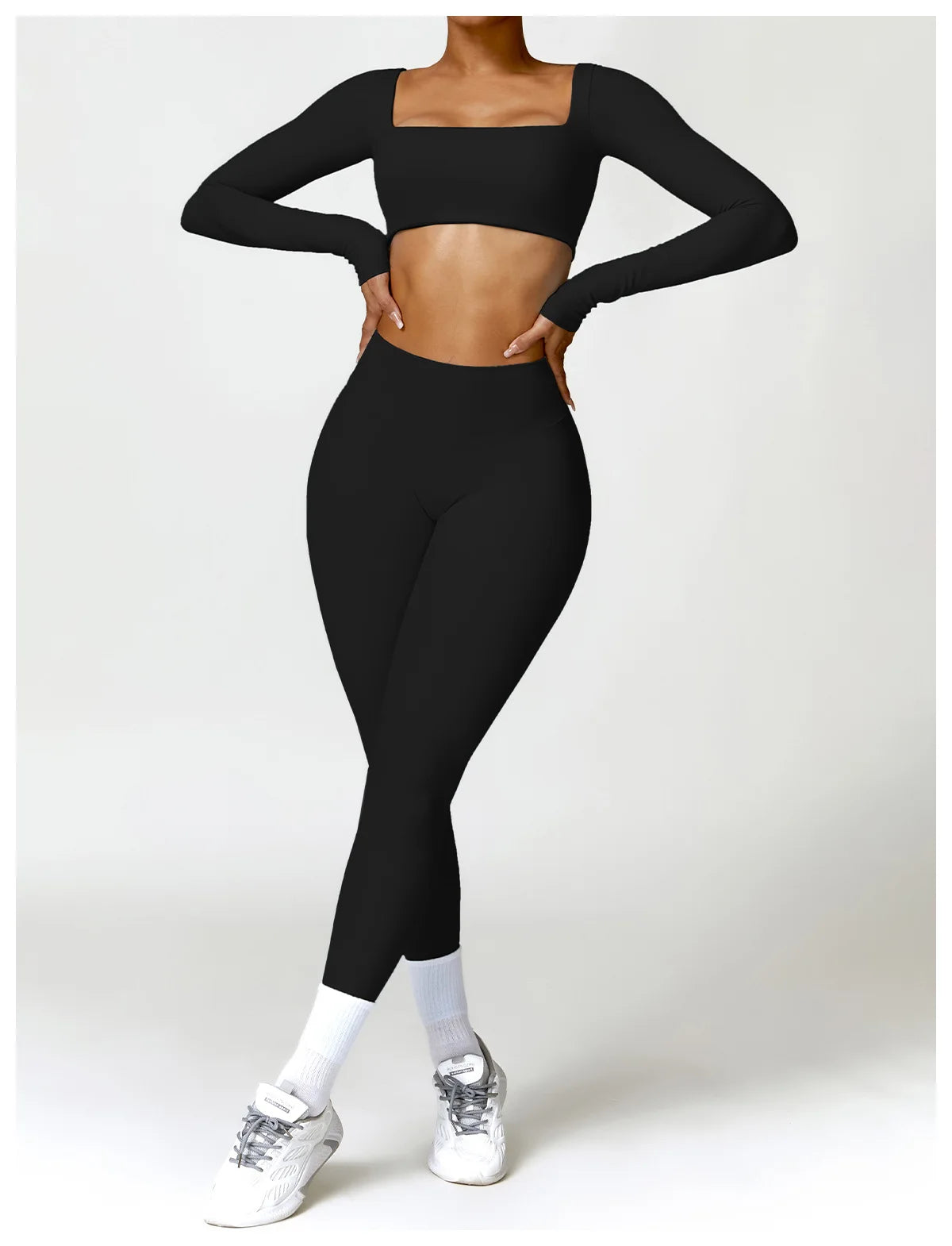 Women’s Quick-Dry Gym Top – Square Neck Long Sleeve Fitness Crop Top