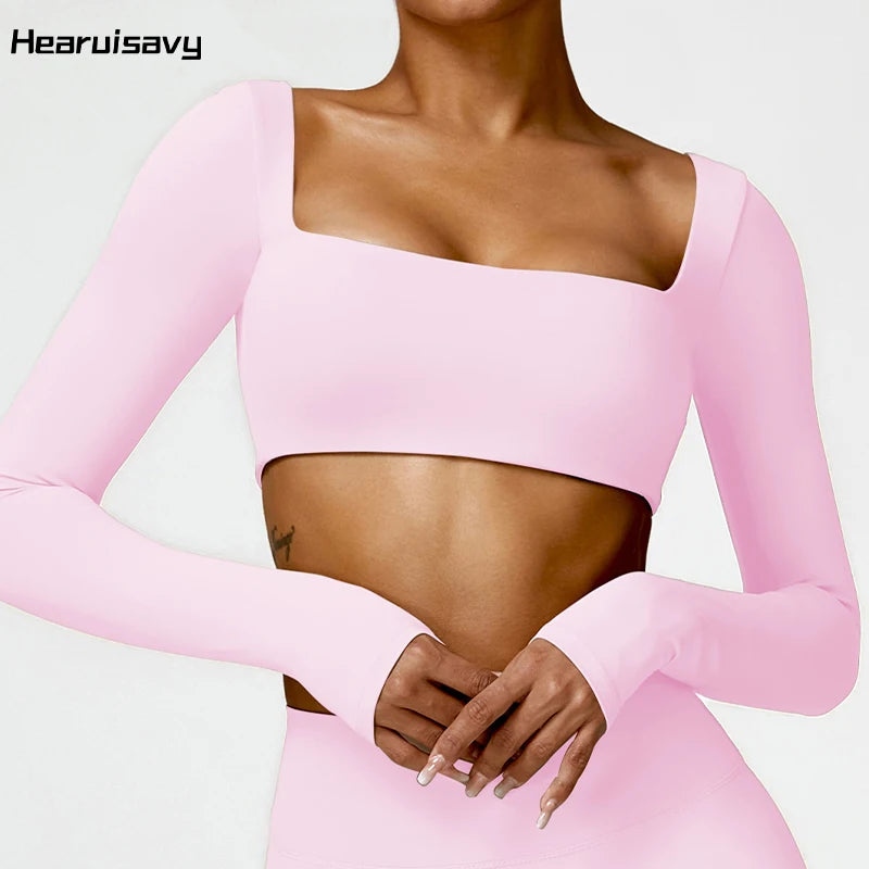 Women’s Quick-Dry Gym Top – Square Neck Long Sleeve Fitness Crop Top