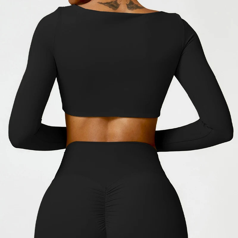 Women’s Quick-Dry Gym Top – Square Neck Long Sleeve Fitness Crop Top