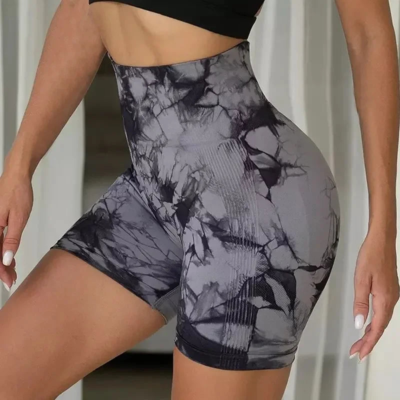 Women’s High-Waist Tie-Dye Yoga Shorts – Seamless Workout & Cycling Shorts