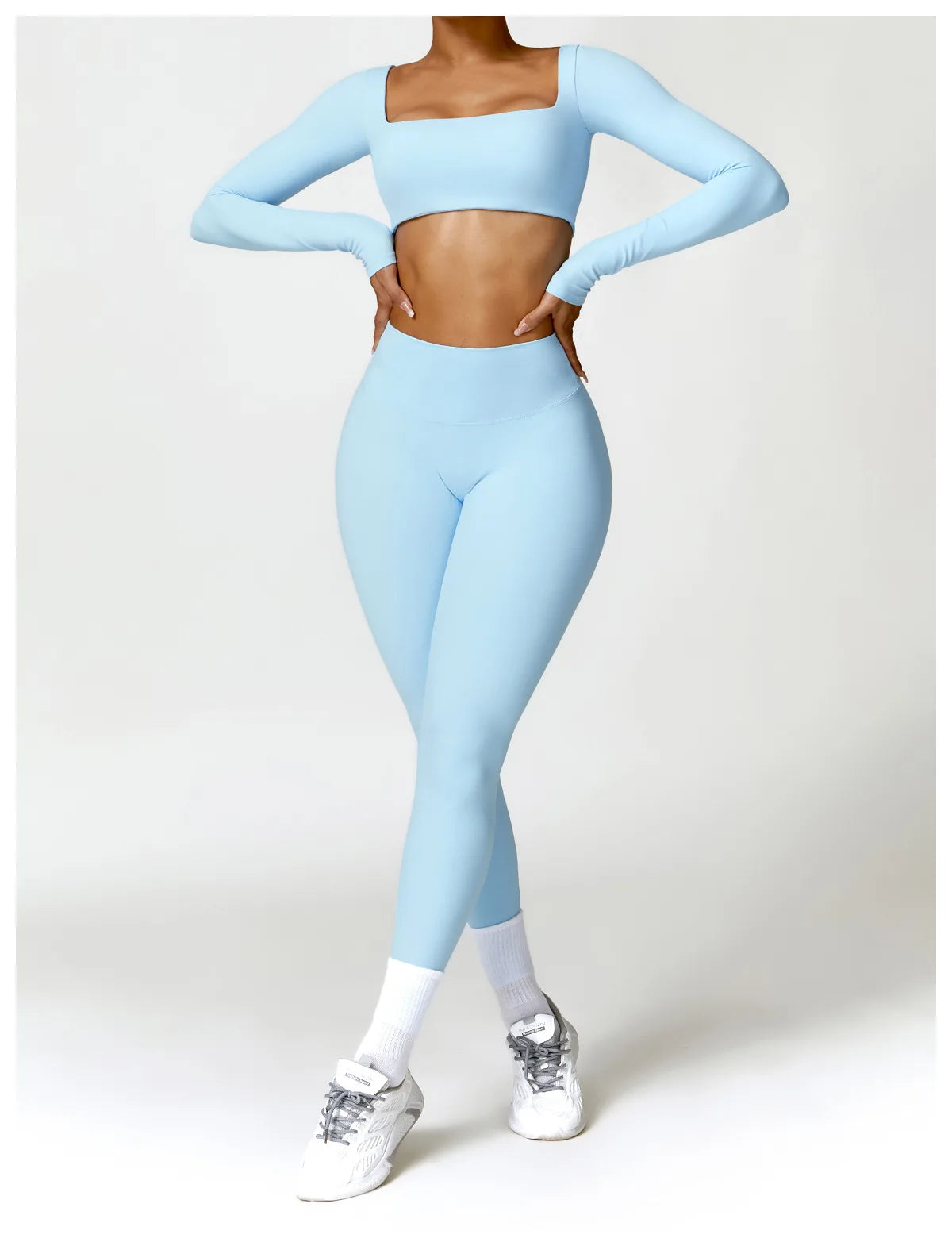 Women’s Quick-Dry Gym Top – Square Neck Long Sleeve Fitness Crop Top