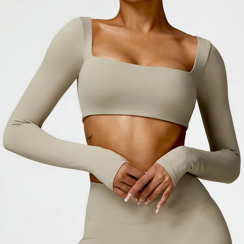 Women’s Quick-Dry Gym Top – Square Neck Long Sleeve Fitness Crop Top