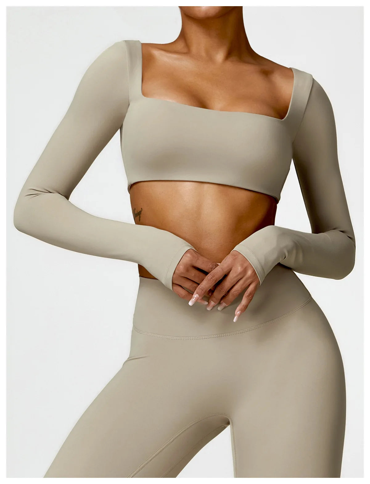 Women’s Quick-Dry Gym Top – Square Neck Long Sleeve Fitness Crop Top