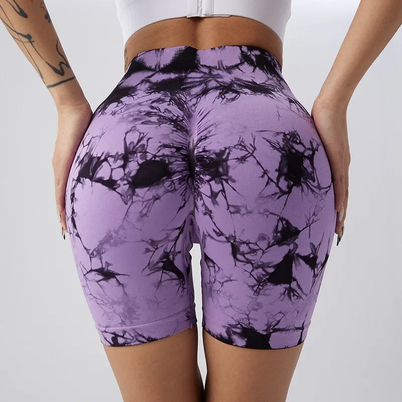 Women’s High-Waist Tie-Dye Yoga Shorts – Seamless Workout & Cycling Shorts