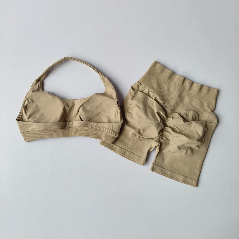 Women’s Halter Sports Bra & Shorts Set – High-Waist Fitness Yoga Outfit