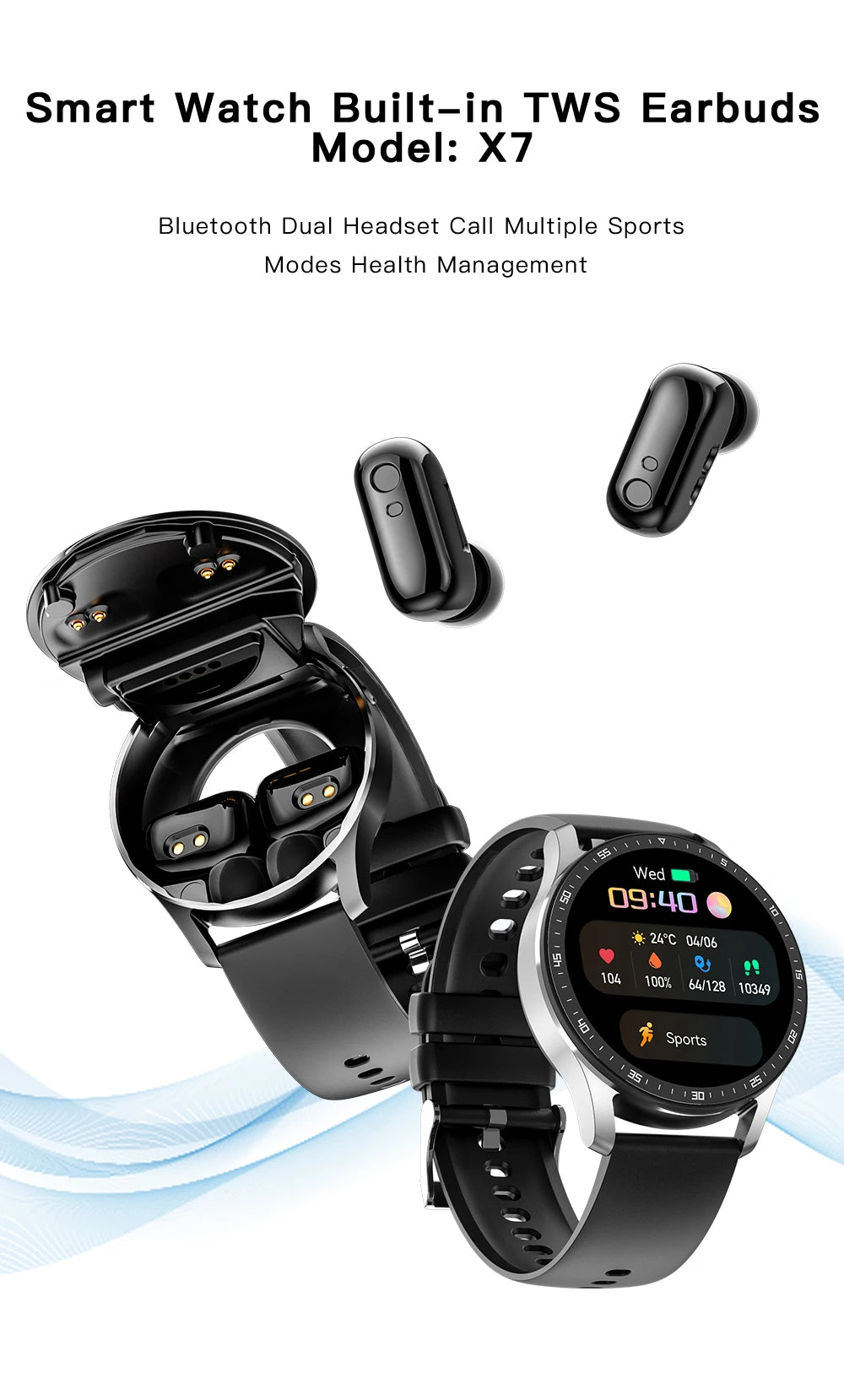 X7 2-in-1 Smart Watch with TWS Bluetooth Earbuds – Fitness & Health Monitor