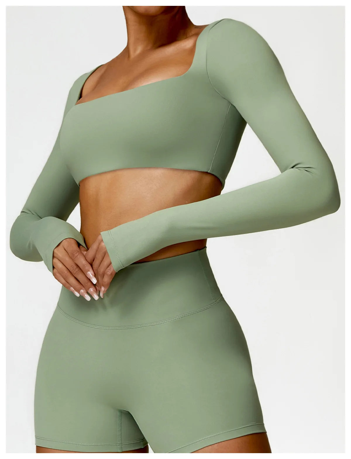 Women’s Quick-Dry Gym Top – Square Neck Long Sleeve Fitness Crop Top