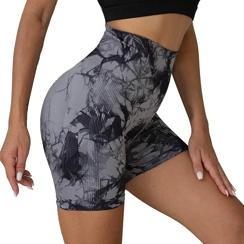 Women’s High-Waist Tie-Dye Yoga Shorts – Seamless Workout & Cycling Shorts