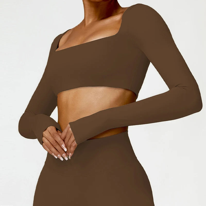 Women’s Quick-Dry Gym Top – Square Neck Long Sleeve Fitness Crop Top