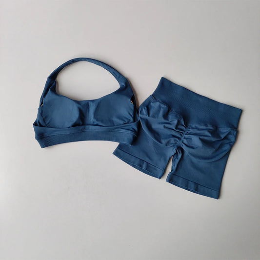 Women’s Halter Sports Bra & Shorts Set – High-Waist Fitness Yoga Outfit