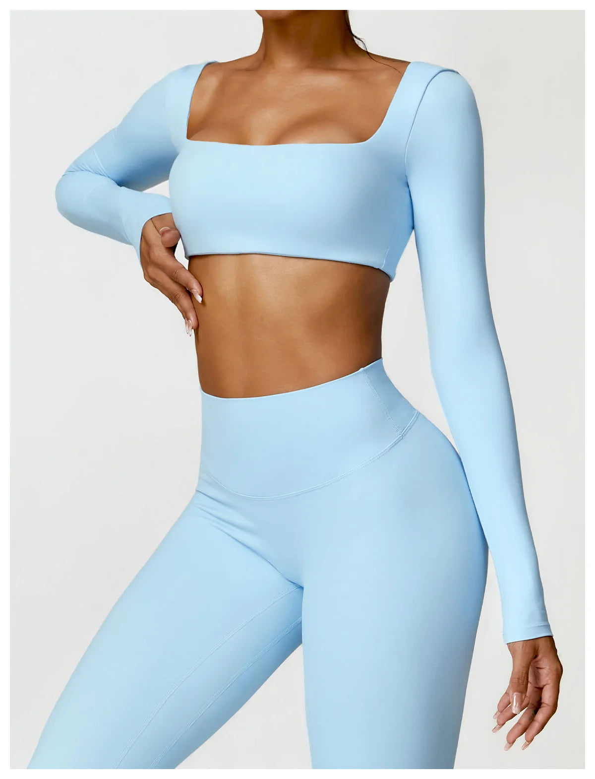 Women’s Quick-Dry Gym Top – Square Neck Long Sleeve Fitness Crop Top