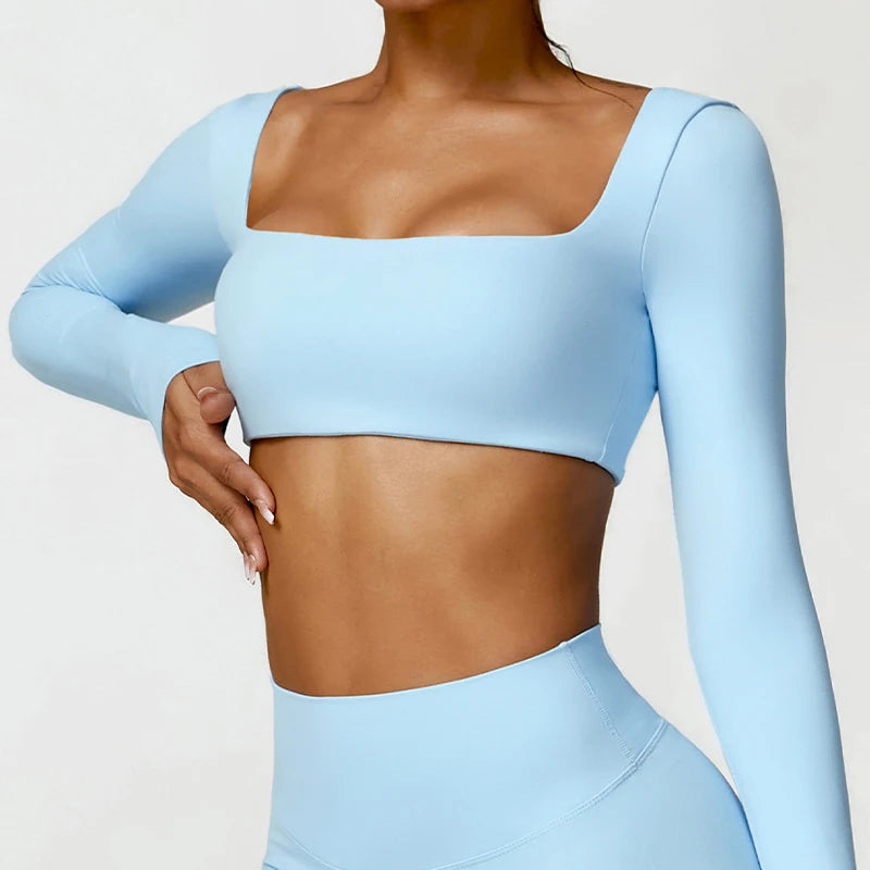Women’s Quick-Dry Gym Top – Square Neck Long Sleeve Fitness Crop Top