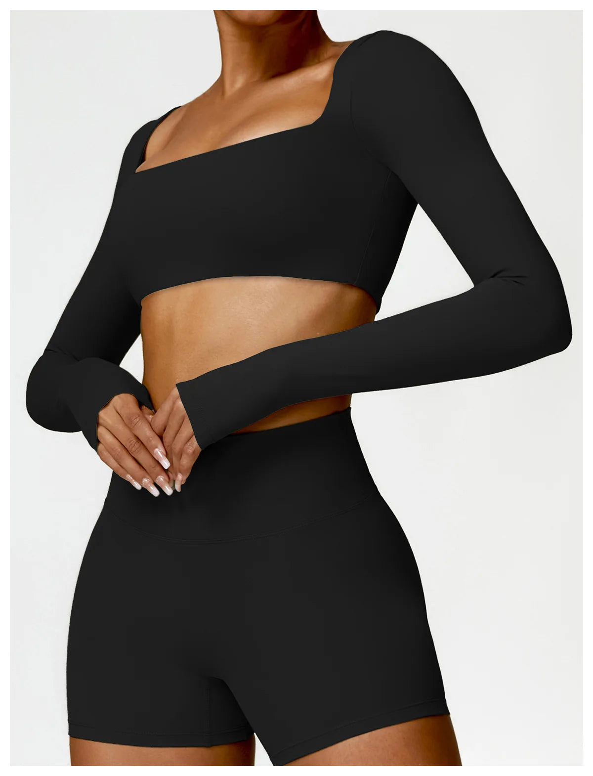 Women’s Quick-Dry Gym Top – Square Neck Long Sleeve Fitness Crop Top