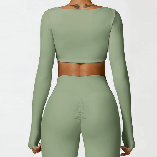 Women’s Quick-Dry Gym Top – Square Neck Long Sleeve Fitness Crop Top