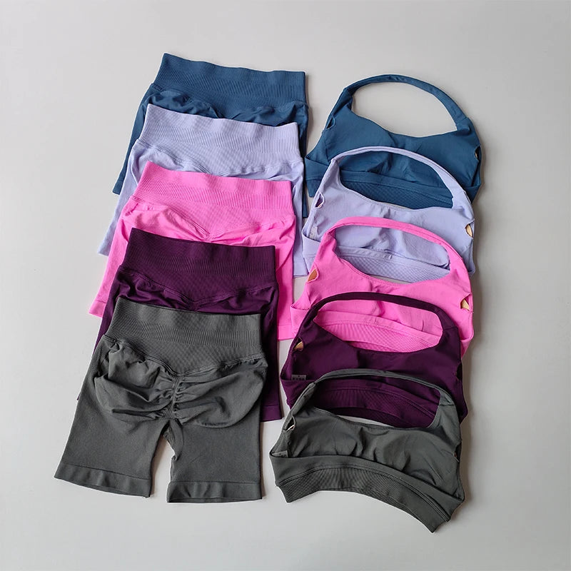 Women’s Halter Sports Bra & Shorts Set – High-Waist Fitness Yoga Outfit