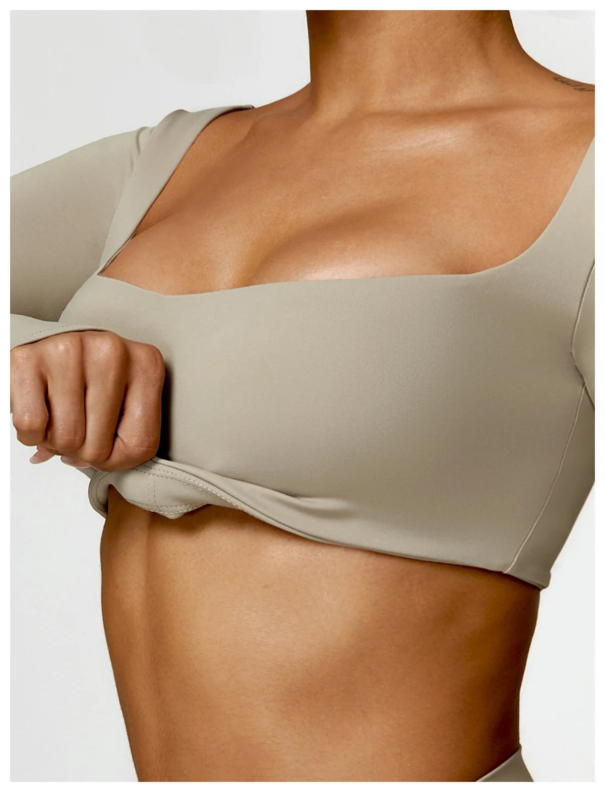 Women’s Quick-Dry Gym Top – Square Neck Long Sleeve Fitness Crop Top