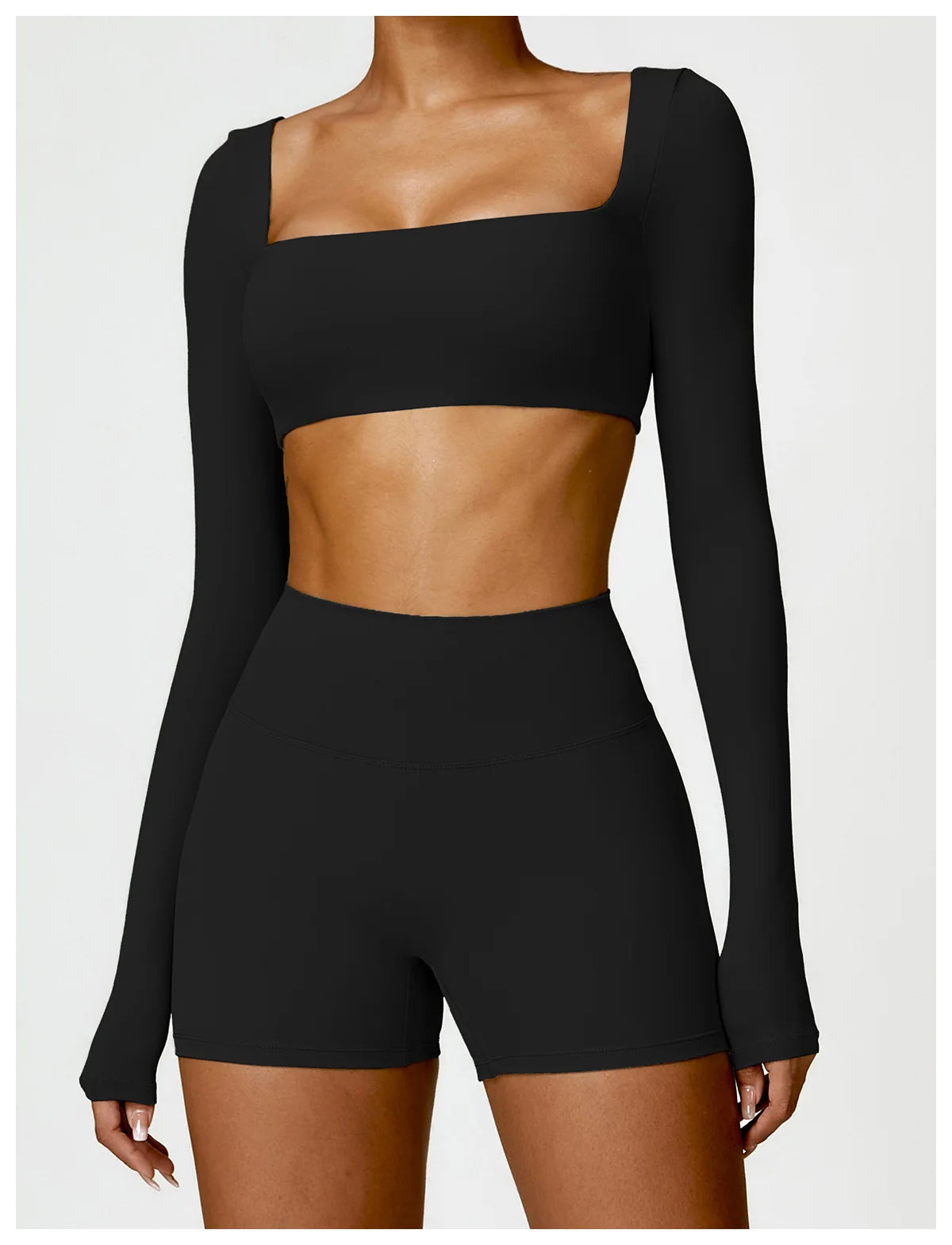 Women’s Quick-Dry Gym Top – Square Neck Long Sleeve Fitness Crop Top