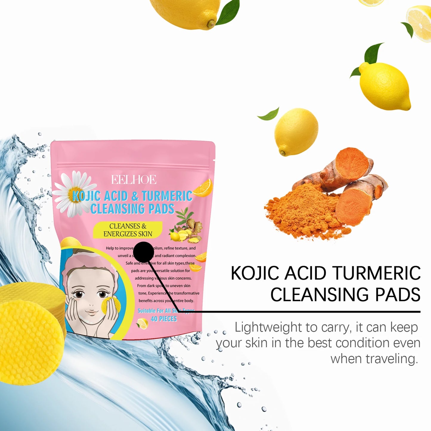 40pcs Turmeric Kojic Acid Cleansing Pads – Gentle Exfoliating Pads for Dark Spots, Brightening & Daily Skin Care