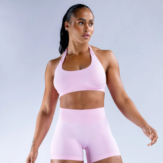 2-Piece Seamless Yoga Outfit for Women – Halter Sports Bra and Matching Shorts Workout Set