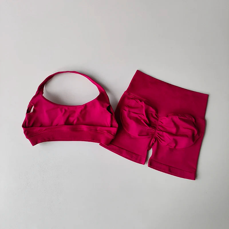 Women’s Halter Sports Bra & Shorts Set – High-Waist Fitness Yoga Outfit