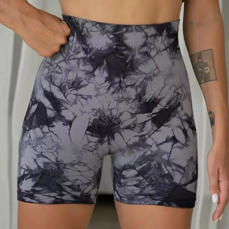 Women’s High-Waist Tie-Dye Yoga Shorts – Seamless Workout & Cycling Shorts