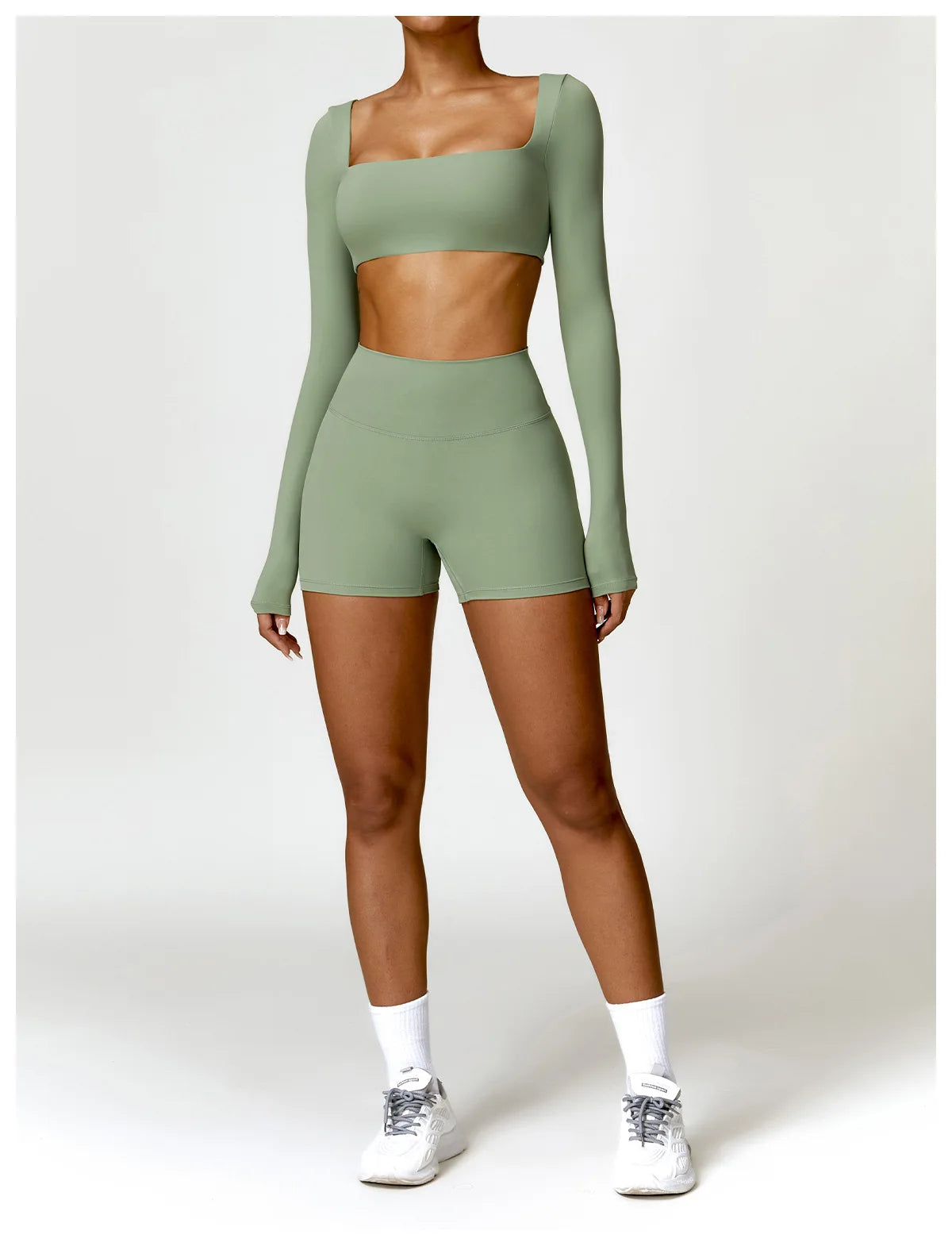 Women’s Quick-Dry Gym Top – Square Neck Long Sleeve Fitness Crop Top
