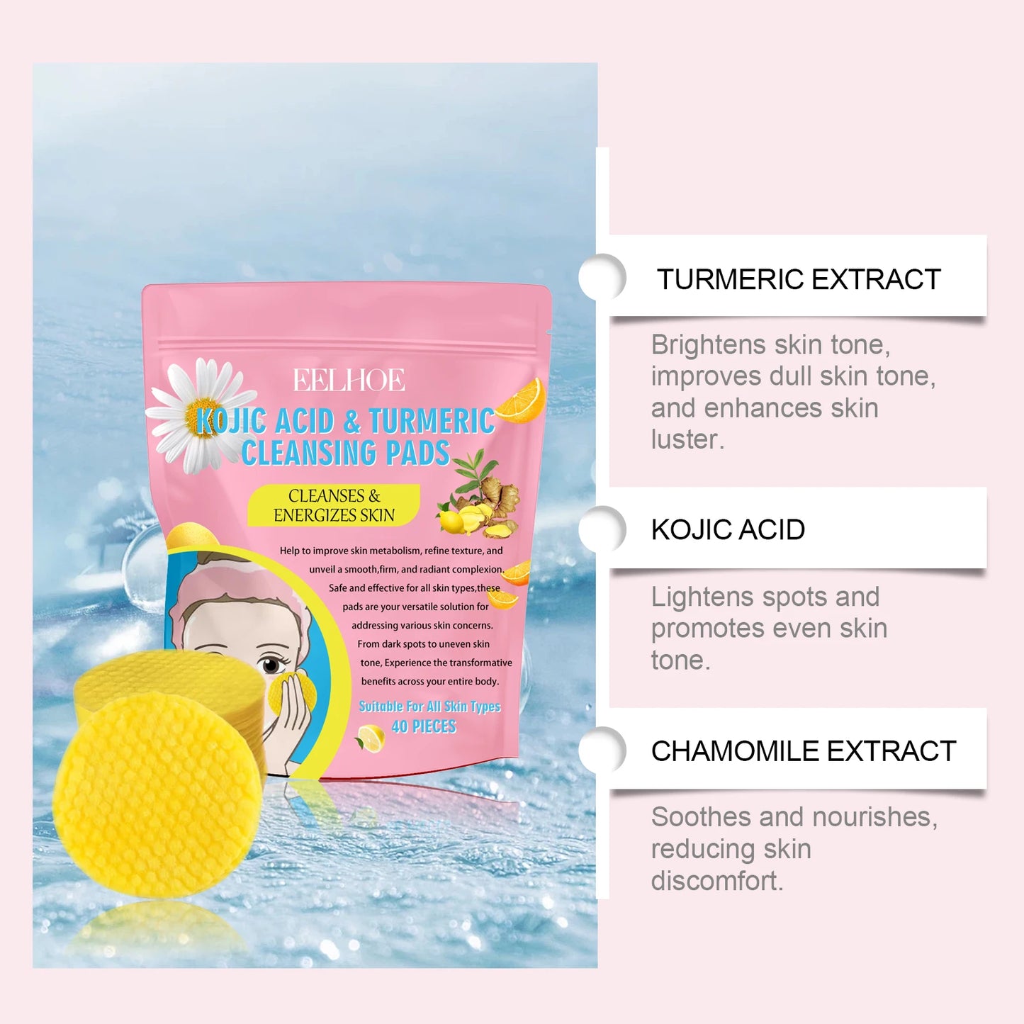40pcs Turmeric Kojic Acid Cleansing Pads – Gentle Exfoliating Pads for Dark Spots, Brightening & Daily Skin Care