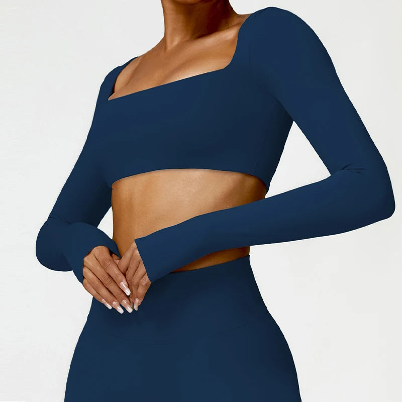 Women’s Quick-Dry Gym Top – Square Neck Long Sleeve Fitness Crop Top