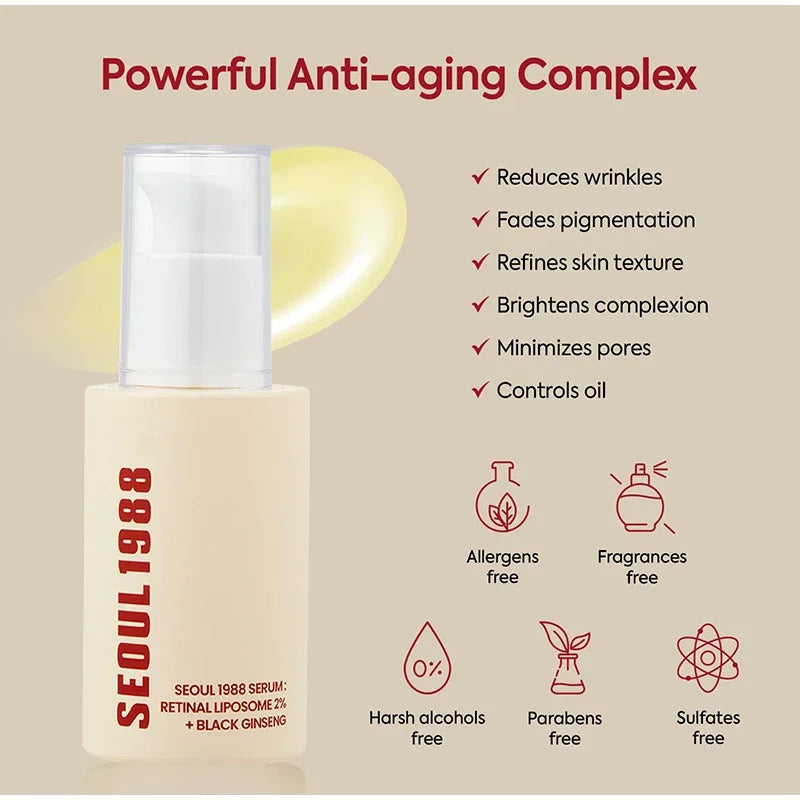 Korean 1988 Retinol Face Serum – Black Ginseng, Niacinamide & Vitamin C Anti-Aging Ampoule for Firming and Wrinkle Care