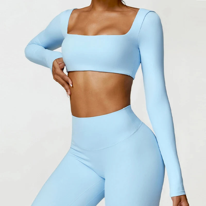 Women’s Quick-Dry Gym Top – Square Neck Long Sleeve Fitness Crop Top