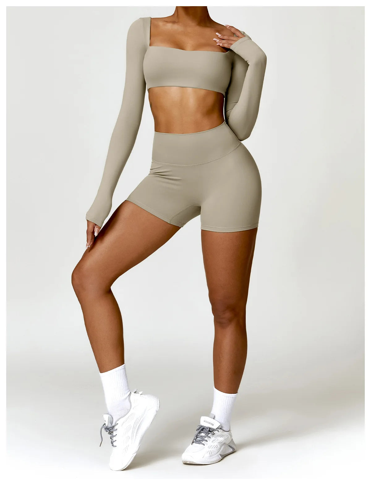 Women’s Quick-Dry Gym Top – Square Neck Long Sleeve Fitness Crop Top