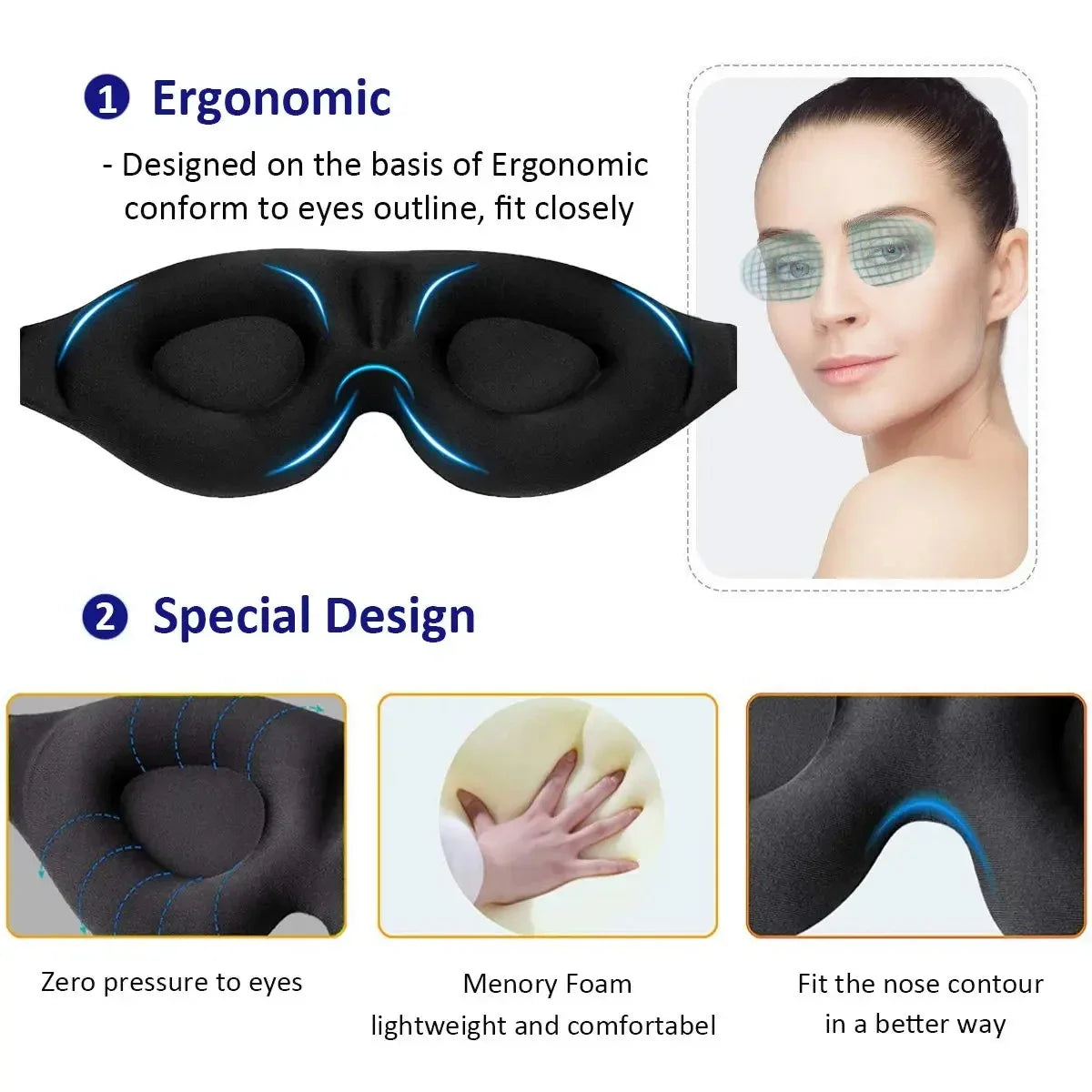 3D Contoured Eye Mask – Light-Blocking Sleep Blindfold for Men & Women