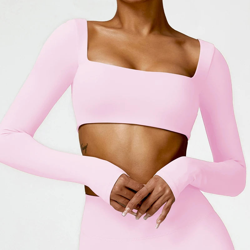 Women’s Quick-Dry Gym Top – Square Neck Long Sleeve Fitness Crop Top