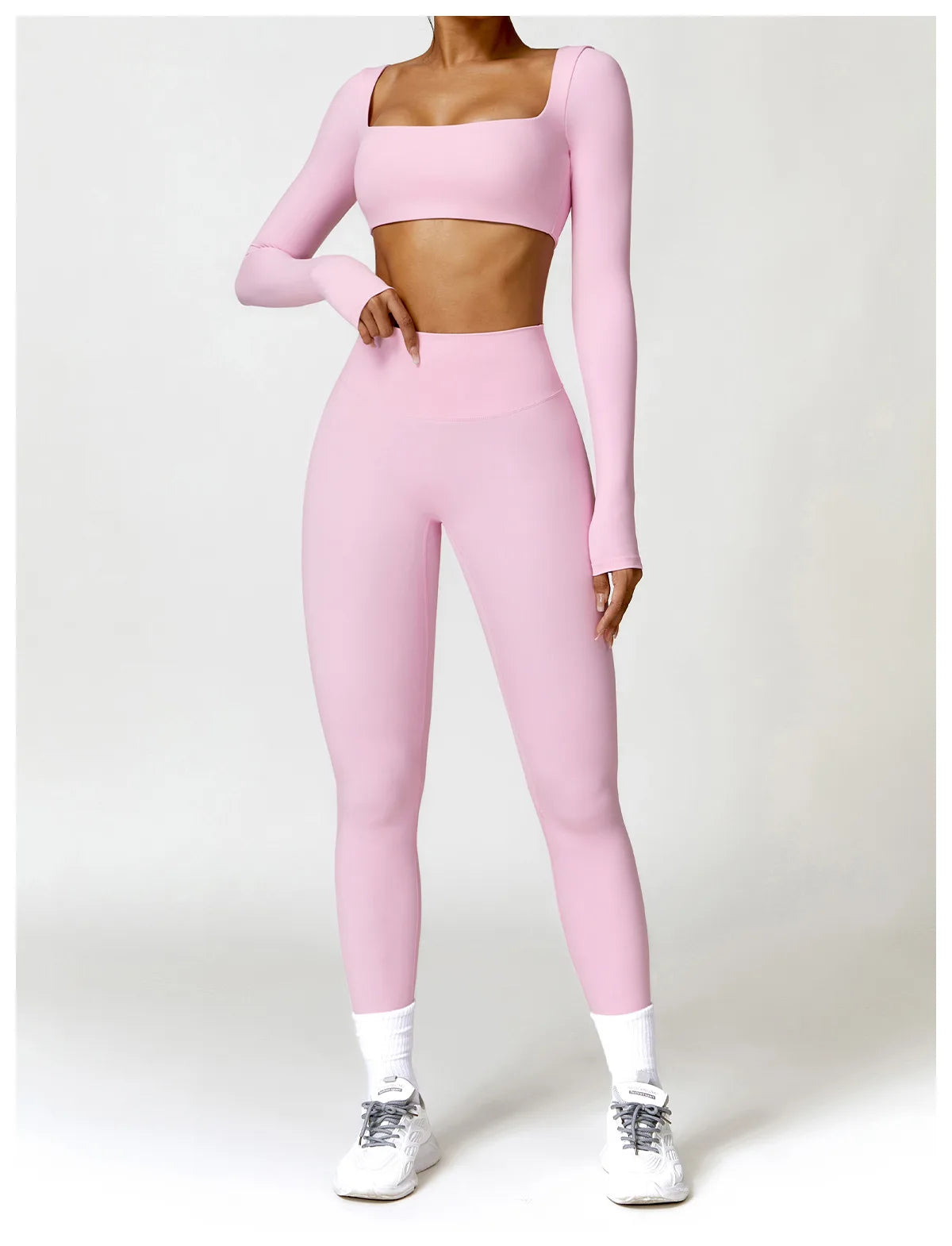 Women’s Quick-Dry Gym Top – Square Neck Long Sleeve Fitness Crop Top
