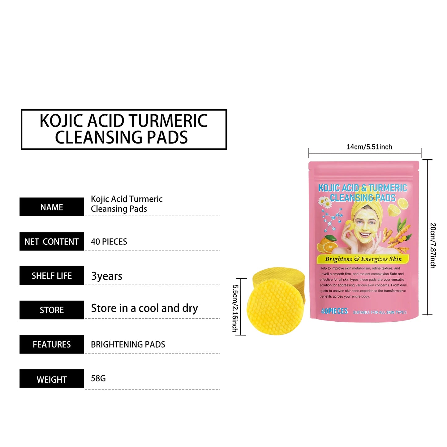 40pcs Turmeric Kojic Acid Cleansing Pads – Gentle Exfoliating Pads for Dark Spots, Brightening & Daily Skin Care