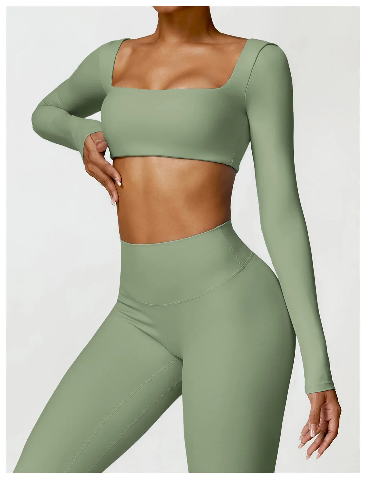 Women’s Quick-Dry Gym Top – Square Neck Long Sleeve Fitness Crop Top