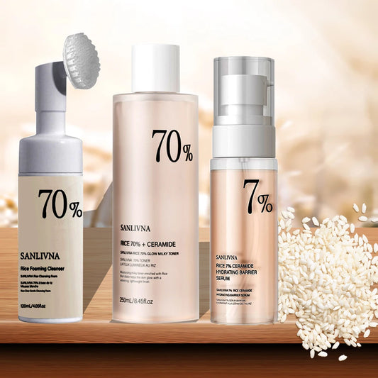 Rice Toner & Cleanser Set – 70% Rice Extract Serum with Niacinamide, Deep Cleansing Foam & Moisturizer for Dry Skin