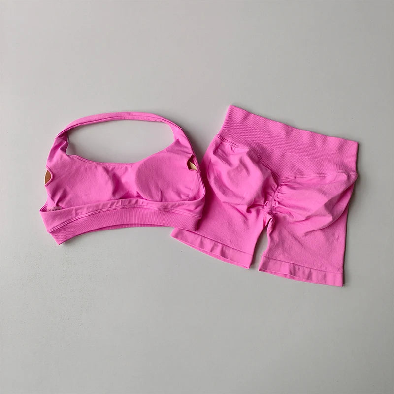 Women’s Halter Sports Bra & Shorts Set – High-Waist Fitness Yoga Outfit
