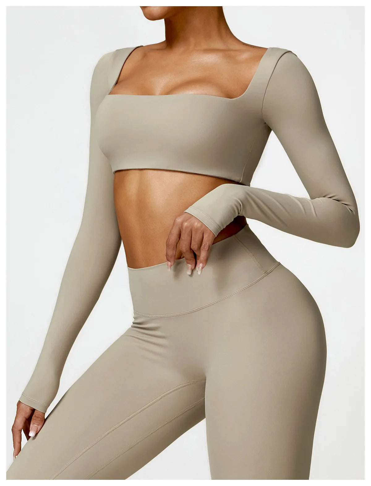 Women’s Quick-Dry Gym Top – Square Neck Long Sleeve Fitness Crop Top