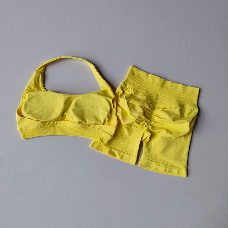 Women’s Halter Sports Bra & Shorts Set – High-Waist Fitness Yoga Outfit