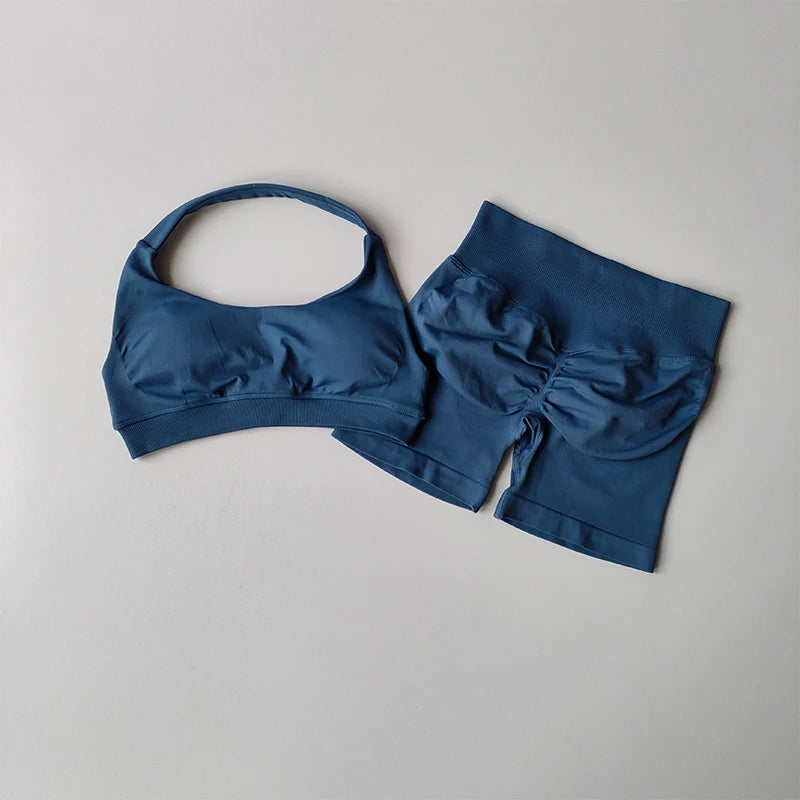 Women’s Halter Sports Bra & Shorts Set – High-Waist Fitness Yoga Outfit