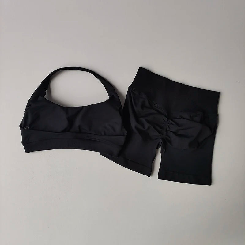 Women’s Halter Sports Bra & Shorts Set – High-Waist Fitness Yoga Outfit
