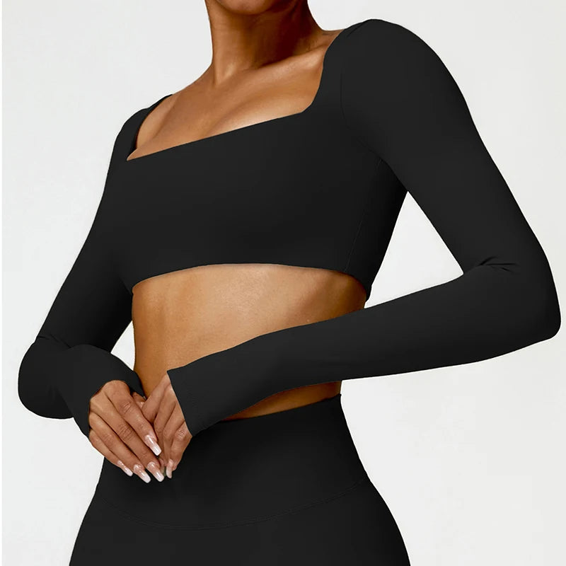 Women’s Quick-Dry Gym Top – Square Neck Long Sleeve Fitness Crop Top