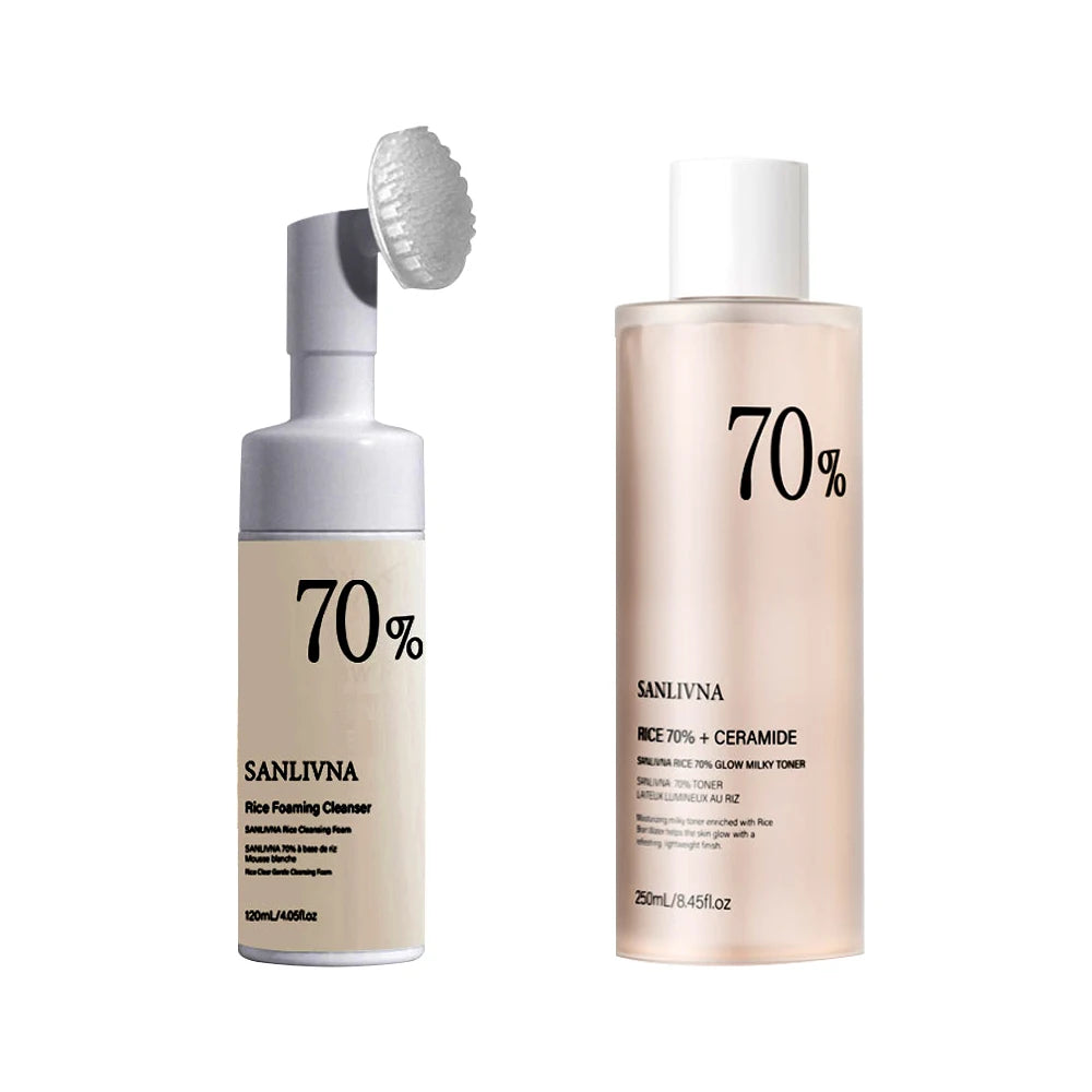 Rice Toner & Cleanser Set – 70% Rice Extract Serum with Niacinamide, Deep Cleansing Foam & Moisturizer for Dry Skin