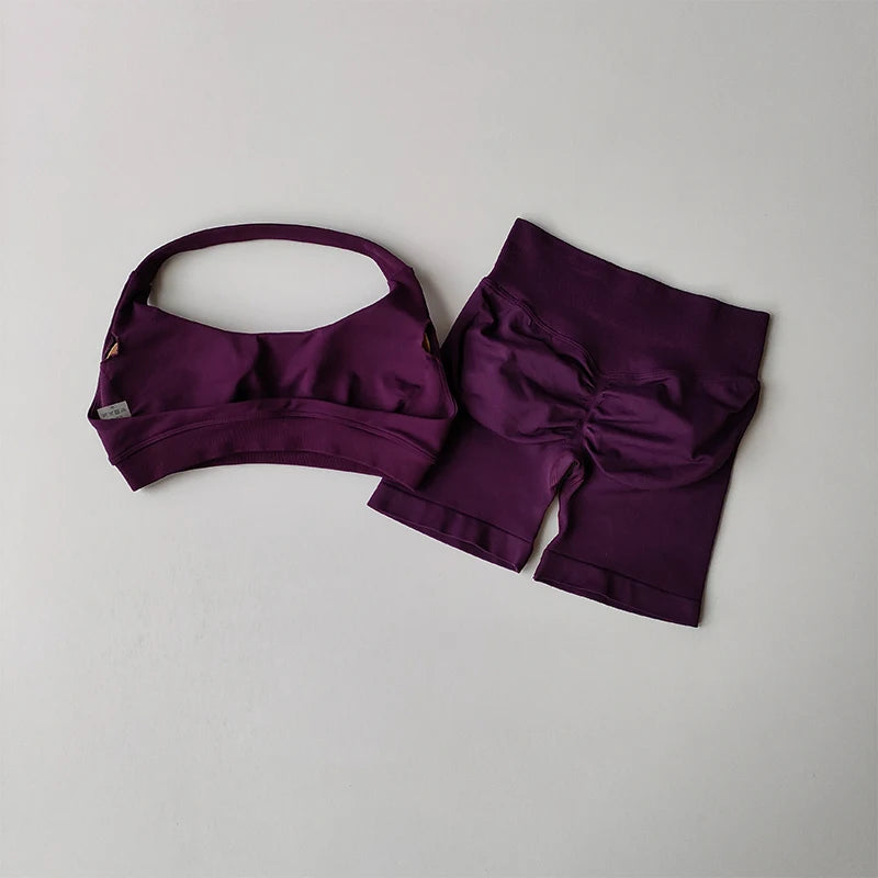 Women’s Halter Sports Bra & Shorts Set – High-Waist Fitness Yoga Outfit