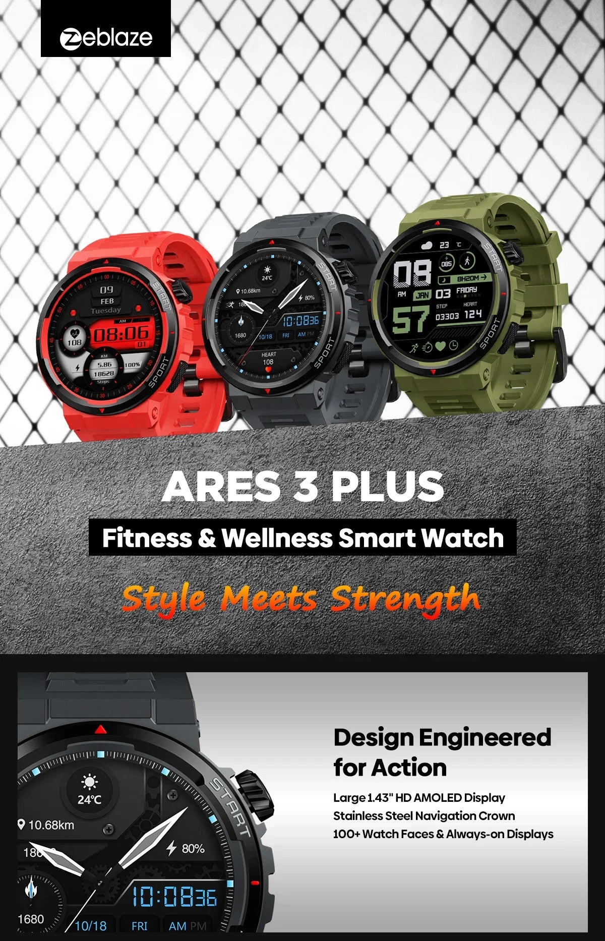 Zeblaze Ares 3 Plus – 1.43" HD AMOLED Smartwatch with Voice Calling