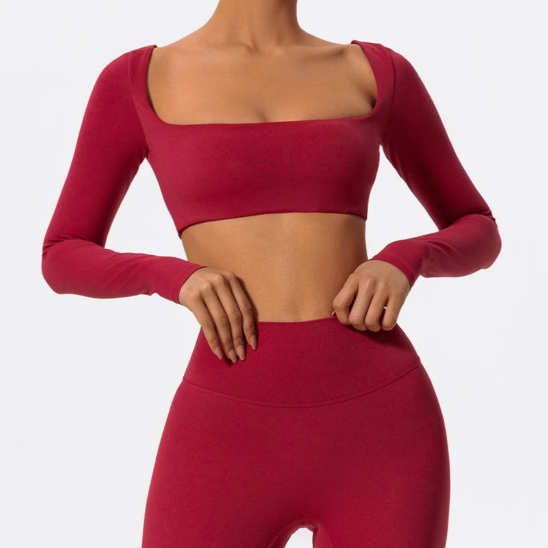 Women’s Quick-Dry Gym Top – Square Neck Long Sleeve Fitness Crop Top