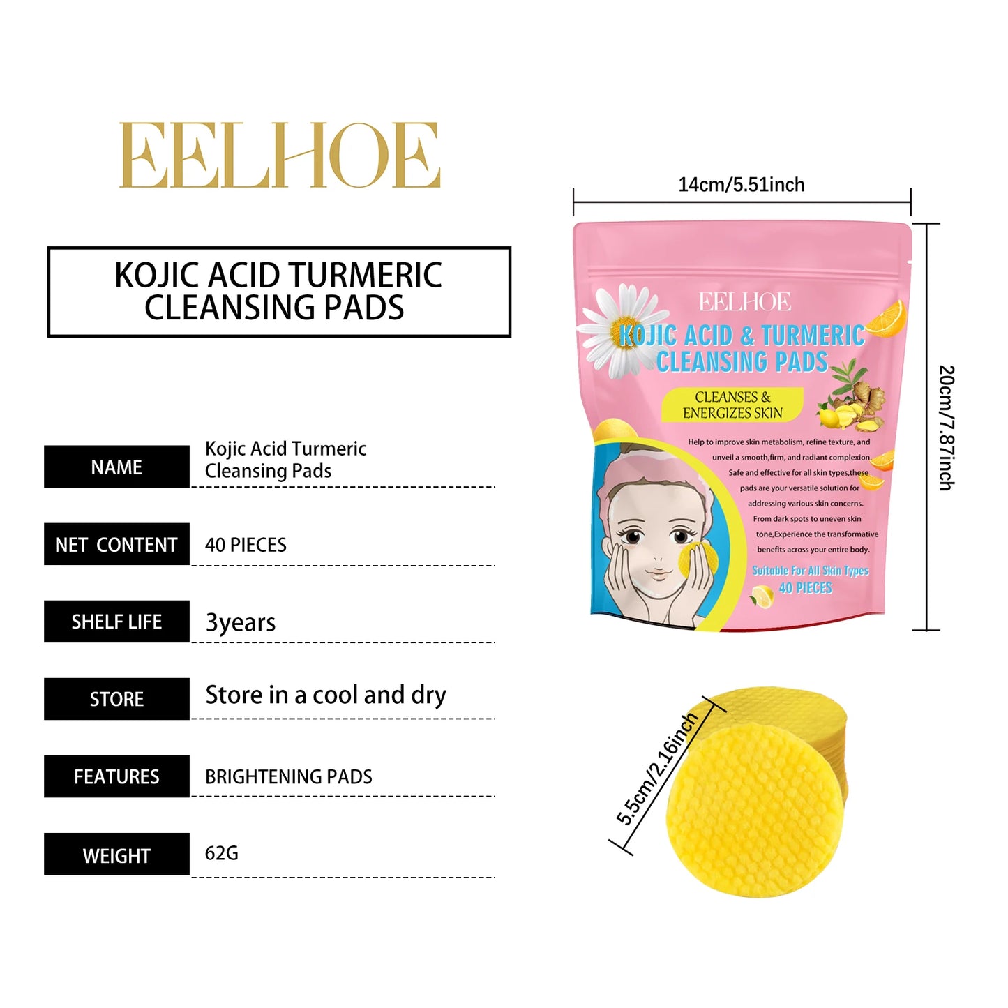 40pcs Turmeric Kojic Acid Cleansing Pads – Gentle Exfoliating Pads for Dark Spots, Brightening & Daily Skin Care